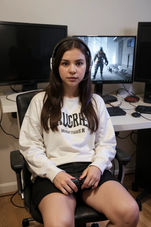 Small_Caprice sits in a gaming chair in front of a huge PC monitor and is ready to play video games all night., loose sweatshirt , headphones, that cover your ears,