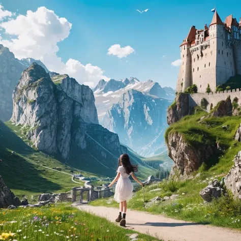 A beautiful and very cute girl is wandering through a mysterious world where castles and rocky mountains float in the air., the girl is 11 years old, the girl is baby face,