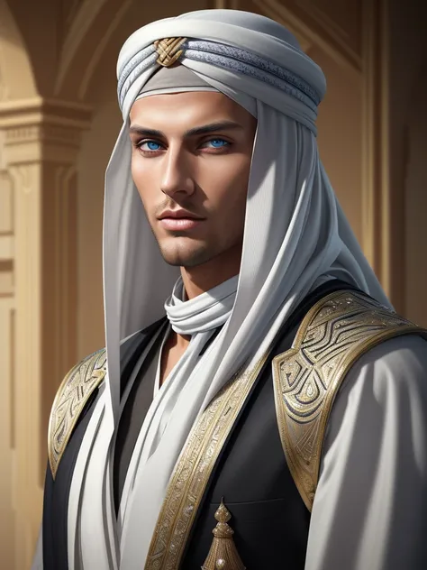 A tall, handsome, handsome young man with platinum blond hair, blue eyes, tanned skin, long straight platinum hair, dressed in the clothes of Arab sheikhs with a turban on his head. Masterpiece, perfect image, realistic pictures, detailed face study, full-...