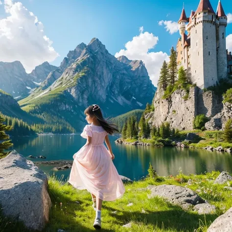 A beautiful and very cute girl is wandering through a magical world where castles and rocky mountains float in the air., the girl is 11 years old, the girl is baby face,