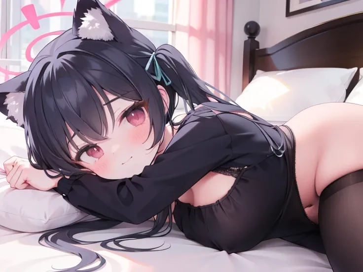 serika_bluearchive,cat ears,looking at viewer, little smile,slim, dizzy, big-chest, wide hips, perfect waist, day atmosphere, hair ornament,legwear,pantyhose,lying on bed