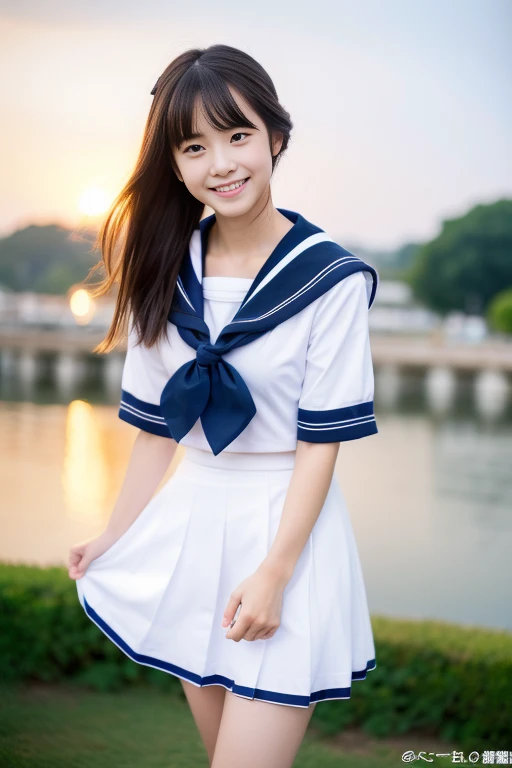 スカートの裾を引っ張っている可愛らしい女子高生