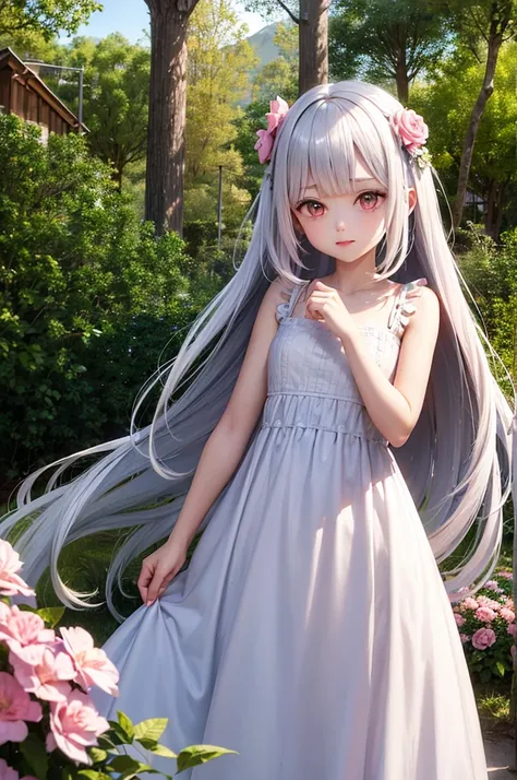 Silver Hair　long hair　Girl　Pink Eyes　Pink flower hair ornament　White dress　Flower Field