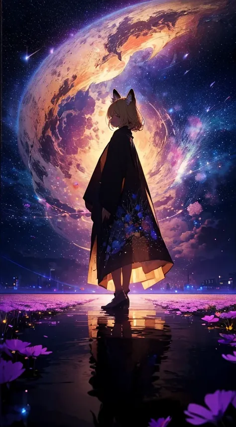 １people々々々々々,Woman with medium length blonde hair，Fox Ears，Long coat， Dress Silhouette， Rear View，Space Sky, Flower Field，Colorful flowers，Dancing Petals，