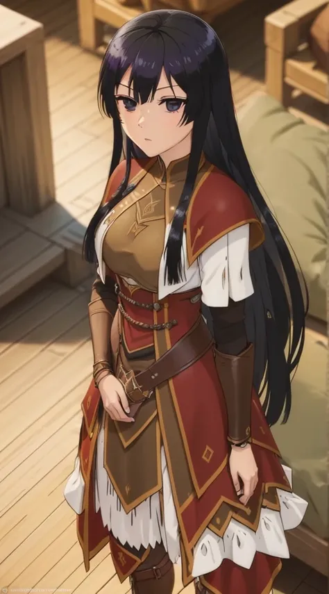 high quality, highly detailed,a young woman with long, curly black hair, with a determined gaze and a confident stance, wears ar...