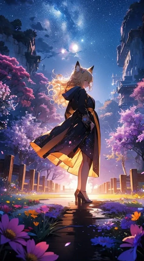 １people々々々々々,Woman with medium length blonde hair，Fox Ears，Long coat， Dress Silhouette， Rear View，Space Sky, Flower Field，Colorful flowers，Dancing Petals，