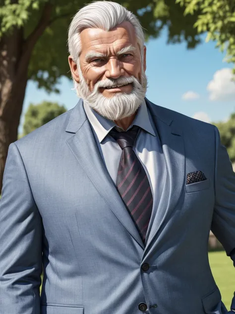 (vector:2.0, mwvector), portrait, muscular old man in park, beard, happy, summer, suits, detailed vector, high detail, half body, realistic, white hair