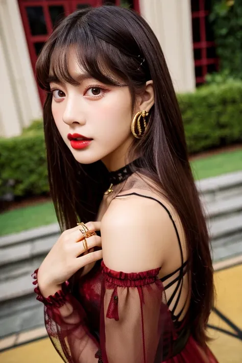 Burgundy long hair、See-through bangs、GUCCI small backpack、watch、Gold Rings、Red Lip、Friends house、Sit on the carpet、Friends taking pictures、Green floral bustier、Organza long sleeves、