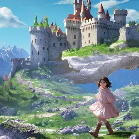 A beautiful and very cute girl is wandering through a magical world where castles and rocky mountains float in the air., the girl is 11 years old, the girl is baby face,