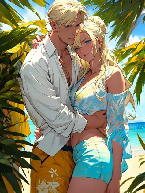 a tropical beach. a tall handsome young man is a platinum blonde with long straight white hair, clear blue eyes, he is dressed i...