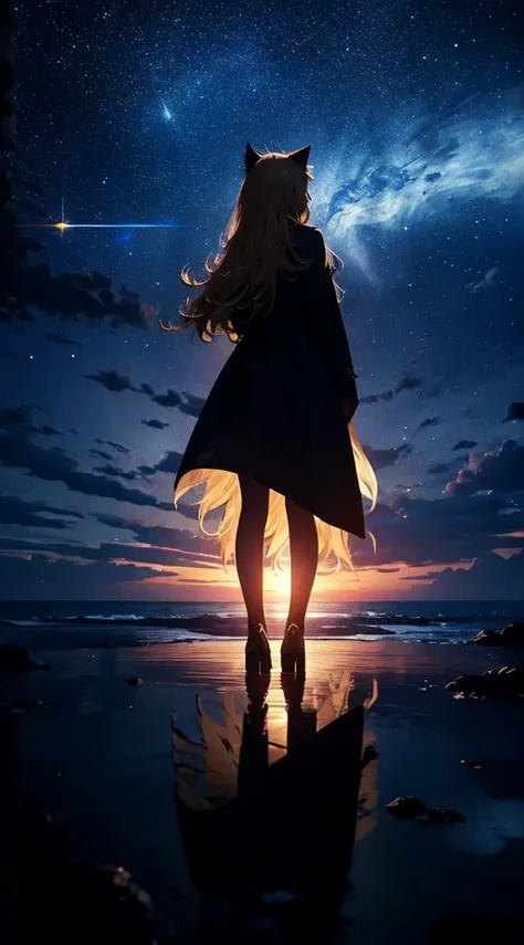 １people々々,Blonde long-haired woman，Cat Ears，Long coat， Dress Silhouette， Rear View，Raise your hand to grab something，Space Sky, The boundary between sea and space，