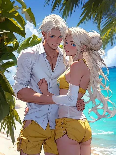 A couple in love. 1 young man 1 young woman. A tropical beach. A tall, handsome young man - platinum blond with long straight white hair, clear blue eyes, he is dressed in an unbuttoned white shirt, the sleeves of which are rolled up to the elbow, and beac...