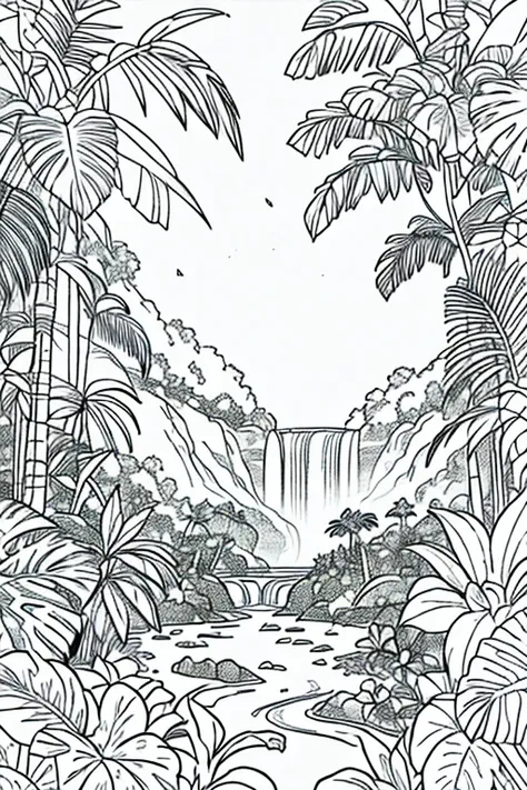 charismatic bear a lush tropical forest and a distant waterfall, vibrant with exotic flowers and greenery, ((white background)), only outlines used, lines, coloring book, clean lines, background. White, Sketch style, Coloring page for adult, clean line art...