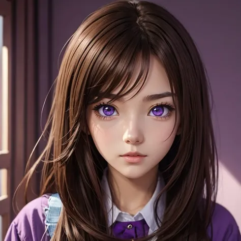 anime girl brown hair purple eyes 