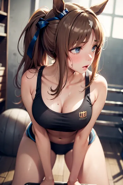 Grass wonder (umamusume) in sexy mini shorts and sports bra, crouched deadlifting with a bar with her back facing a gym mirror, sweating, High Resulution, UHD, detailed image.