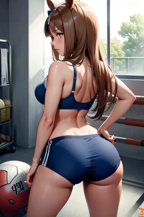 Grass wonder (umamusume) in sexy mini shorts and sports bra, crouched deadlifting with a bar with her back facing a gym mirror, sweating, High Resulution, UHD, detailed image.