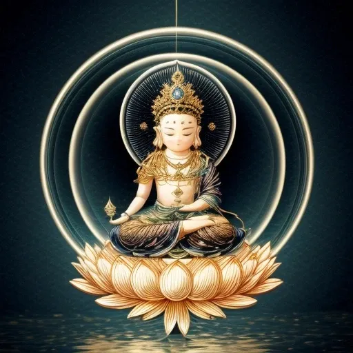 ((1boy,smirk , qfo and pusa,meditation)),water,fire and mantra,necklace,anklet,holding,circle,lotus,jewelry,flower,crown,