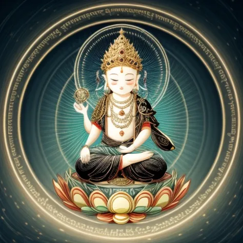 ((1boy,smirk , qfo and pusa,meditation)),water,fire and mantra,necklace,anklet,holding,circle,lotus,jewelry,flower,crown,