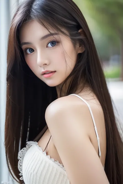 Maria, 20-year-old woman, alone、A perfect and beautiful mix of Japanese and Russian、Beautiful contours、Cute and sexy face、Big, moist eyes、body style like a model、Bust Size G Cup、Beautiful medium-long black hair、Close-up angle of face