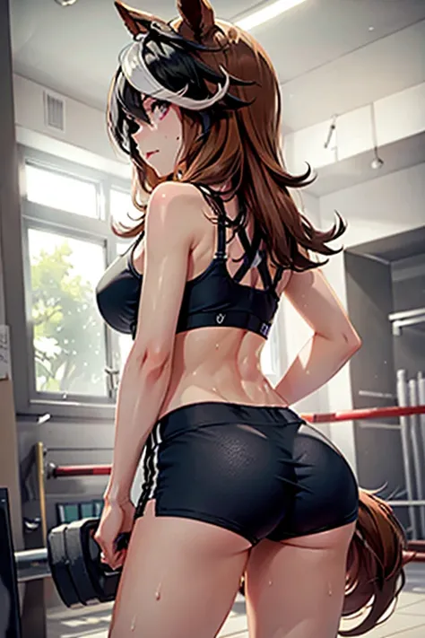 Symboli rudolf  (umamusume) in sexy mini shorts and sports bra, crouched deadlifting with a bar with her back facing a gym mirror, sweating, High Resulution, UHD, detailed image.