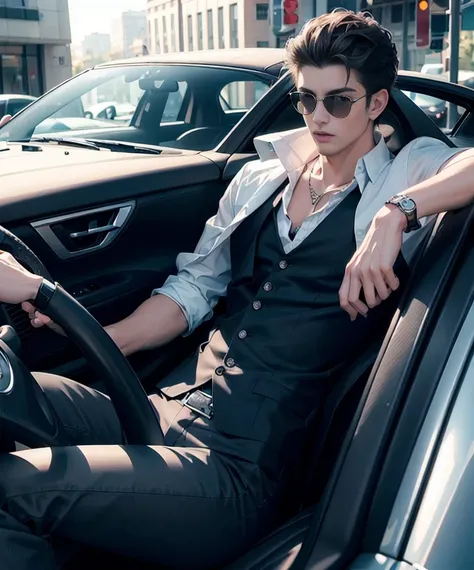 The best quality of artSuper fine detailsSuper era cool 18 year old male model, car close-up, super time, handsome, mens car model, muscular and slim, coordinated body shape, big eyes, glass pure beauty, car in front, dark light, car model, leaning against...