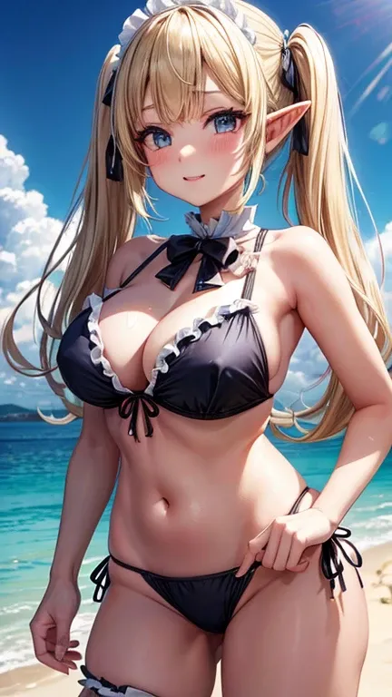 Maid、、Blonde Elf、Twin tails、Swimwear、メイドSwimwear