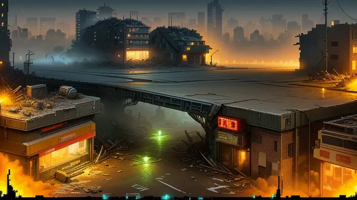 16-bit pixel art, pixel game, post apocalyptic city street with distant city ruin skyline, damaged walls and buildings, rubbles,  outdoors ruined cityscape, grimy streets backdrop, large empty street, style of metal slug, mainly empty street, the street is...