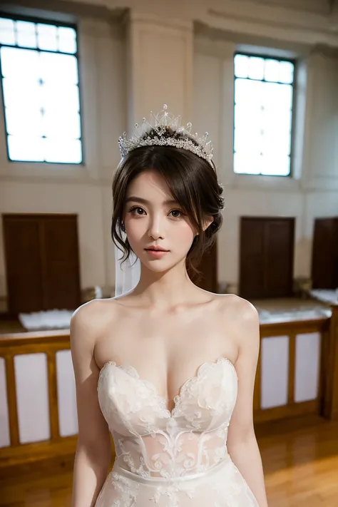 ((girl in perfect body shape)), ((at wedding hall)), ((Bobhair cut)), ((top-quality)), RAW , ((masterpiece)) , (fujifilm), 16k , (Photorealism),  ((beautiful bride)), ((wearing bride crown)) , ((low shot)), ((distant shot)),((facing towards the viewers))