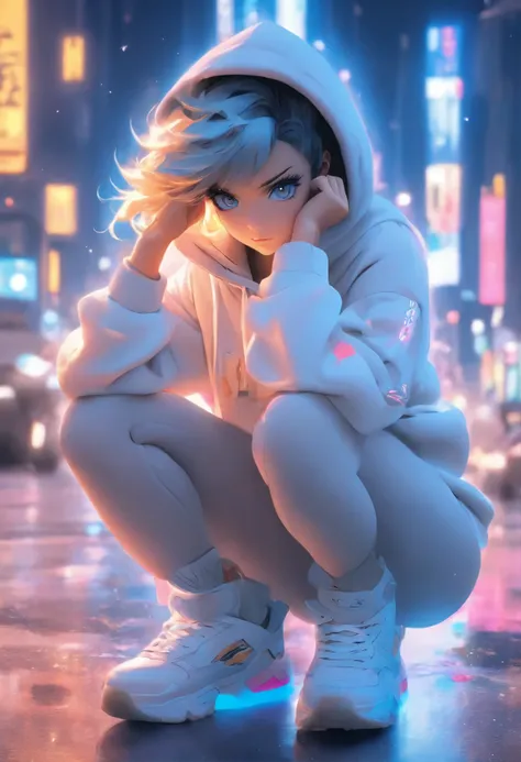 1 Girl, Solitary, White Hoodie, Black trousers, White shoes, Front of Lamborghini, street, White skin, 18 years old, Improper sitting posture, Multi-colored hair, black eyes, frown, Delicate face, Delicate eyes, Eye level shooting, Divine Light, glowing li...