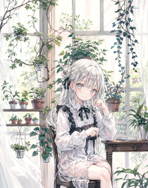 natural lighting, by the window, siting on chair, gentle smile, seductive grin, upturned cheeks, slightly shining silver gray ha...