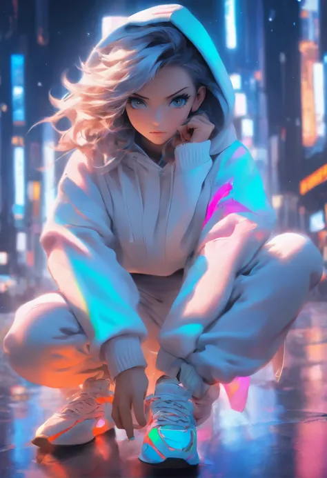 1 Girl, Solitary, White Hoodie, Black trousers, White shoes, Front of Lamborghini, street, White skin, 18 years old, Improper sitting posture, Multi-colored hair, black eyes, frown, Delicate face, Delicate eyes, Eye level shooting, Divine Light, glowing li...