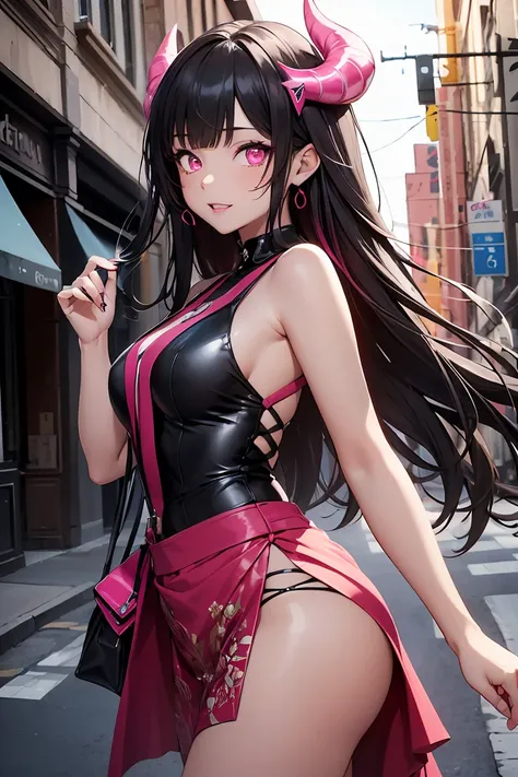 ((1 girl)), Latest Trends in Clothing, Street fashion,Cowboy Shot,((Very detailed,highest quality, High resolution, 8k wallpaper, Beautiful clothes,)),((Jet black hair, Long Hair,Straight hair,Both sides up)) ,(Deep red eyes),It has two red, twisted horns ...