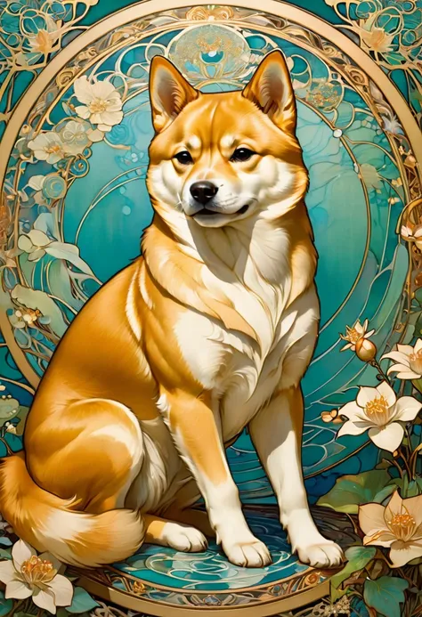 A Shiba Inu, by Alphonse Mucha, best quality, masterpiece, very aesthetic, perfect composition, intricate details, ultra-detailed