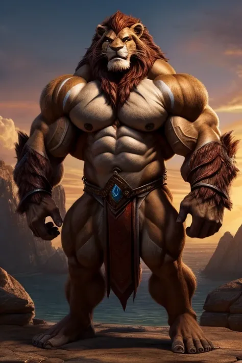 Uma imagem realista de Lion-o dos thundercats, super gigante musculoso, with muscular arms, ombros largos, giant toned physique, veias musculares estourando, super peludo marrom, olhos azuis, com as veias saltando, barefoot,