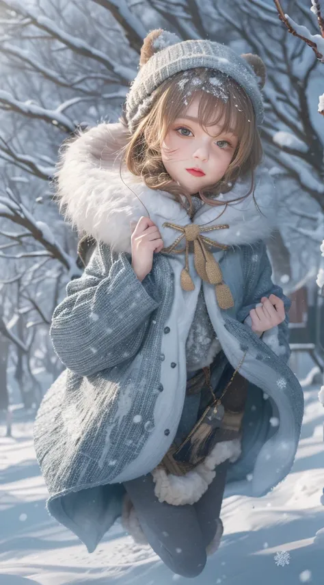 ((Works of masters))，(Ultra-high resolution)，1 girl, Run, Lolita costume，Cloak (Snow, Outdoor activities in winter:1.2),