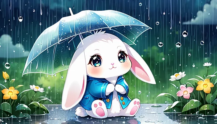  Cute and fluffy, Original Chibi Rabbit, fantasy, Cute rainy, rabbit,An illustration, 