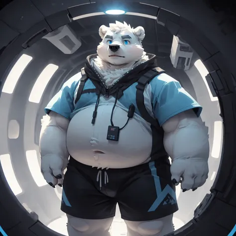 New Jersey 5 Furry,polar bear，Personal portrait,Unique，Exquisite， Chubby，Fat，Thick arms，Rugged muscles，White plush fur，Chubby脸，Black eyebrows，Sky blue eyes，Beard，Trans-dimensional Costume，High-tech shorts，High-tech portal，The light surrounds the body，Stand...