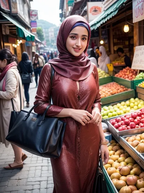 A beauty Disha Patani with hijab, holding a handbag, shopping in the market, beautiful detailed eyes, beautiful detailed lips, extremely detailed eyes and face, long eyelashes, cheerful expression, perfect hands, handbag in hand, shopping in a vibrant mark...