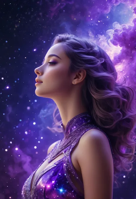 galaxias, space, Starcloud, stars, glitters, Smoke, (Girl shape), intricately details, rendering by octane, Ultra photo realsisim , rendering by octane, 8K, uplit ,Purple dream art