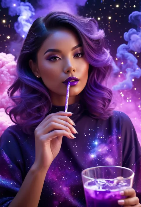 galaxy, space, nebula, Star, sparkling, smoke, (girly look), Intricate details, Octane Rendering, Hyper-photorealism , Octane Rendering, 8k, straw, drink ,Purple dream art