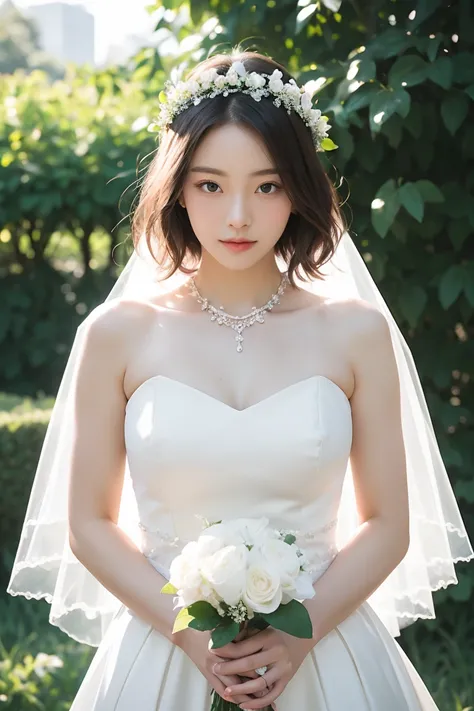 ((girl in perfect body shape)), ((korean bride)), ((garden at the background)), ((Bobhair cut)), ((top-quality)), RAW , ((masterpiece)) , (fujifilm), 16k , (Photorealism),  ((beautiful bride)), ((wearing bride crown)) , ((low shot)), ((distant shot)),((fac...