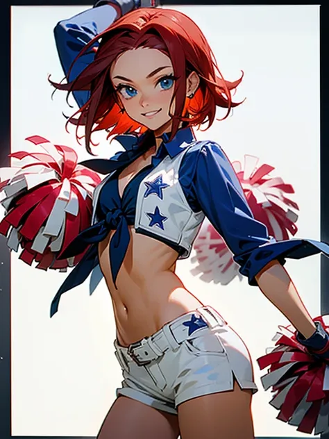 kallen stadtfeld, blue eyes, red hair, short hair, dallas_cowboys_cheerleaders_anime, shorts, midriff, short shorts, navel, whit...