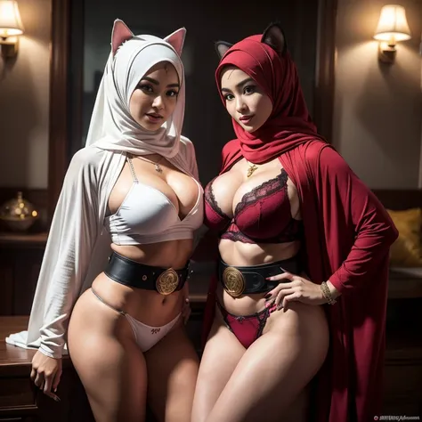 big breasts, big breasts, big breasts, two MAPAY women in lingerie posing for a picture in a room, oppai, posing together in bra, MIRA FILZAH and IMAN TAYORE, red bra, all red, oppai proportions, sexy :8, 4k], 4 k ], big breasts!, bottom angle, big breasts...