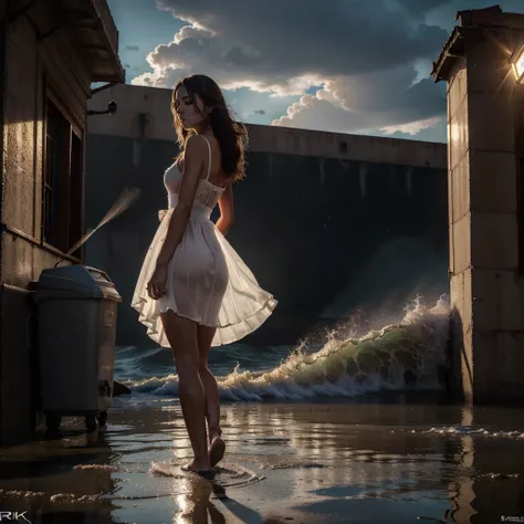 (YES NSFW), (1girl), 25yr old girl runs, girl alone escapes from floods and huge waves, (solo girl:1.3), Girl wearing a very long evening white transparent dress, windyupskirt, wind rises her dress showing groin area、((dress lift by yourself)))、(Lifted by ...