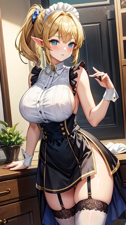 Maid、Elf、Golden Shorthair、Big Breasts、Very large breasts、Sideboob、ponytail、Sexy Lingerie、underwear、Very short skirt、Shorts visible through the skirt