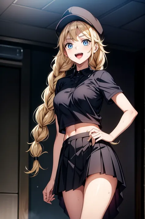 a beautiful female in black outfit is pointing at something behind her holding a key, 1girl, solo, blue eyes, blonde hair, hat, skirt, navel, twin braids, long hair, braid, shirt, breasts, open mouth, sweat, smile, looking at viewer, polo shirt, midriff, p...