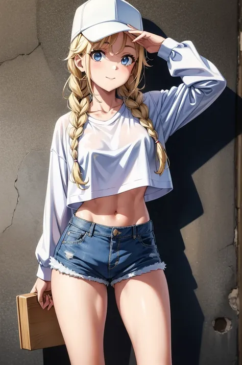 a girl in a white hat is posing while standing next to a wall, 1girl, solo, hat, twin braids, shorts, navel, blonde hair, crop top, braid, denim, shirt, denim shorts, looking at viewer, long hair, baseball cap, breasts, smile, short shorts, midriff, cutoff...