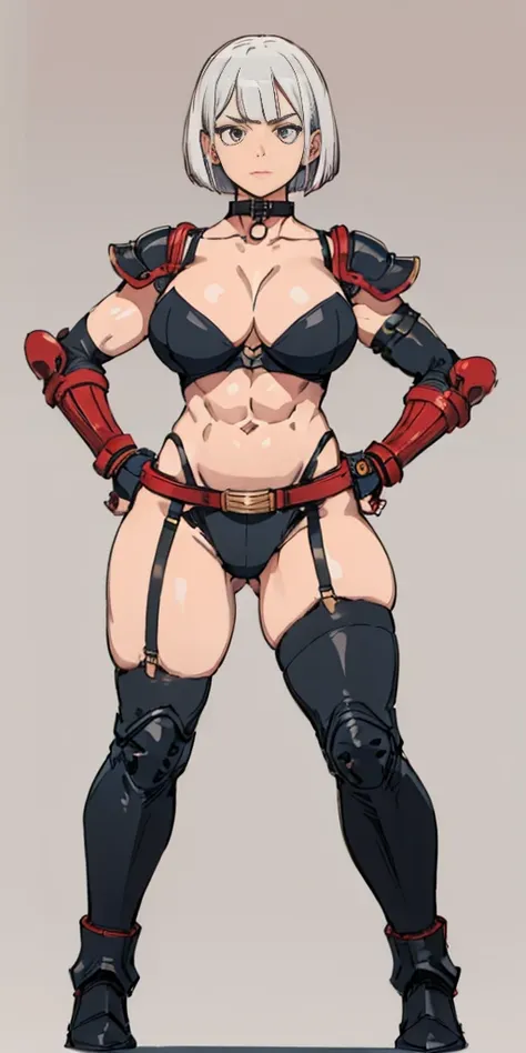 ((Plain background 1:2)) (Cammy White Street Fighter white silver short bob haircut) Female full body standing straight symmetrical looking to the viewer RED full body armored (handcuffs, shackles, rerebrace, faulds, poleyn, gauntlets, leather collar choke...