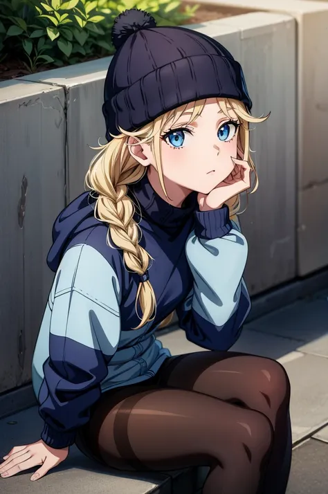 a girl is wearing a blue sweater and black pants she is sitting on a curb, 1girl, solo, blue eyes, blonde hair, sitting, braid, pantyhose, hat, looking at viewer, jacket, twin braids, long hair, beanie