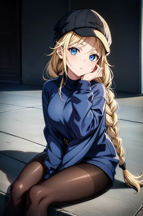 a girl is wearing a blue sweater and black pants she is sitting on a curb, 1girl, solo, blue eyes, blonde hair, sitting, braid, pantyhose, hat, looking at viewer, jacket, twin braids, long hair, beanie